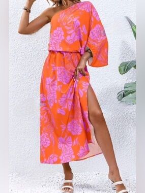 SHEIN One Shoulder Floral Midi Dress Orange Pink Slit 100% Polyester Size M